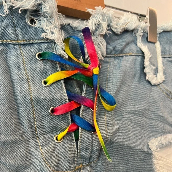 SHEIN Denim Shorts | Cut Off Distressed Rainbow Lace Up Pride | Size 31 - Picture 3 of 6
